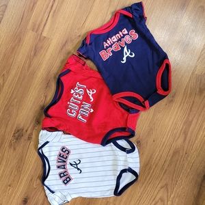Three Atlanta Braves Baseball Onesies for Baby Girl 3-6 Months